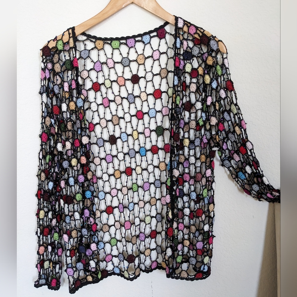 Crochet Sweater - Cottagecore black & multi w/bead detailing s/m